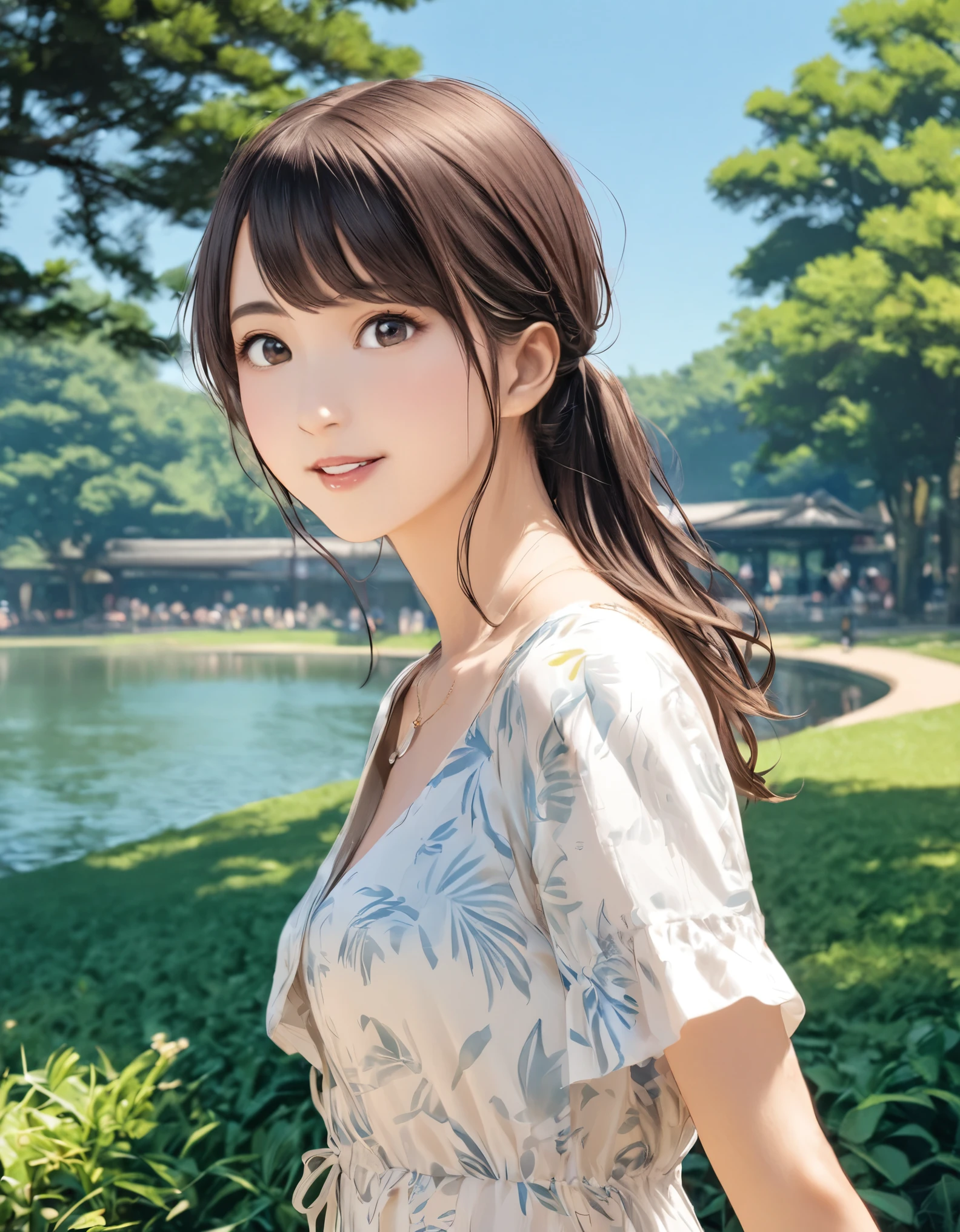 (best quality:1.2), 1girl, Ueno Park, summer, upper body shot, shoot from front