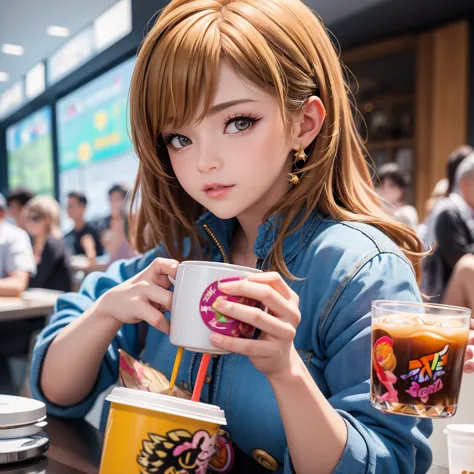 woman in yellow jacket holding cup of coffee, extremely detailed artgerm, anime girl drinks energy drink, сенна из league of leg...