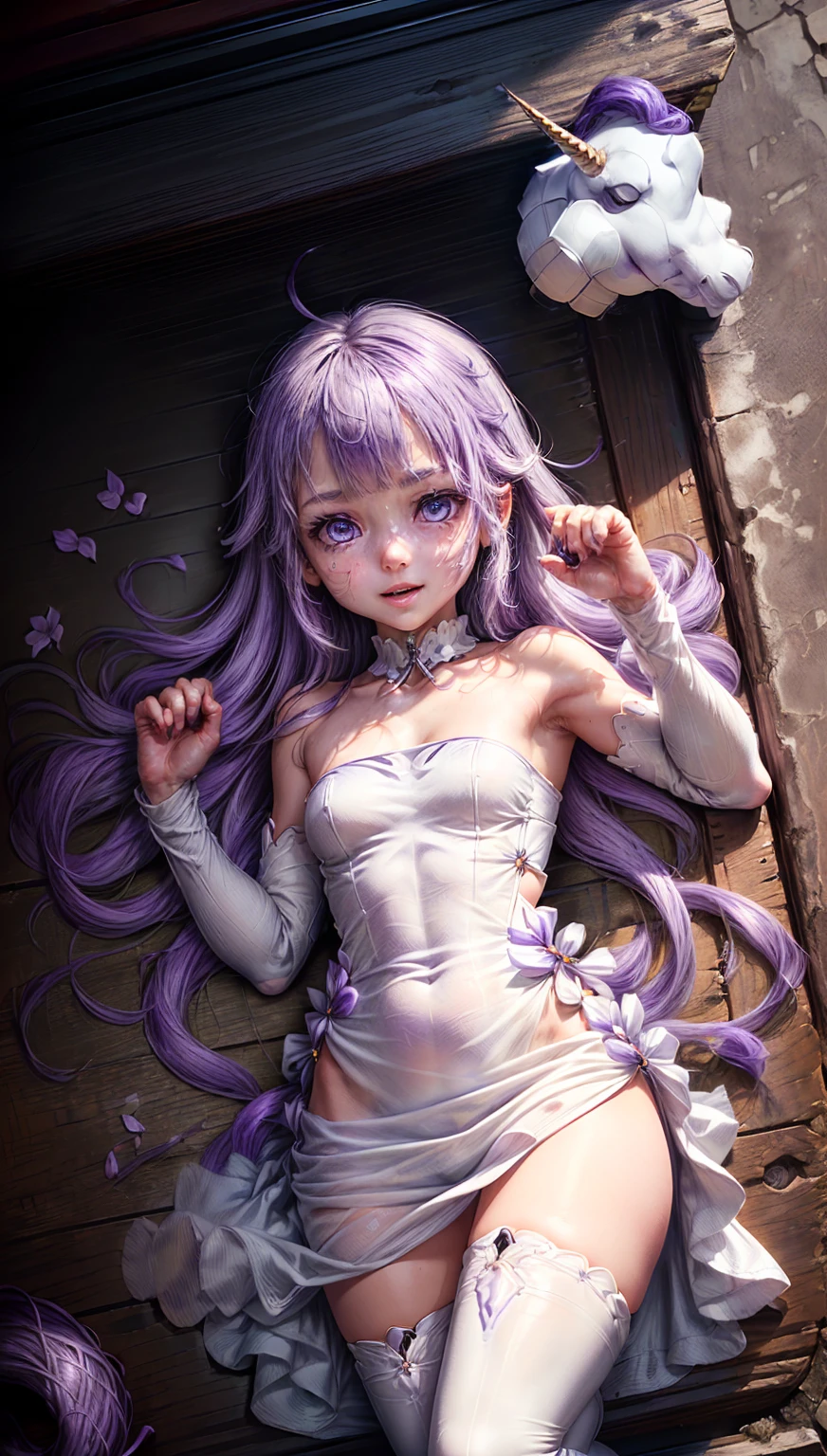 ((masterpiece)), (Best Quality), (ultra detailed), (intricate detail, perfect anatomy, finely detailed, bloom, illustration, epic lighting, cinematographic composition:1.4), (unicorn_azur_lane:1.4), unicorn_(azur_lane), (beautiful and detailed face:1.4), (cute and young loli:1.4), (loli, loliface, lolicon:1.4), (7 year old little girl:1.4), large breasts, (slim legs, long legs, delicate legs:1.4), (petite, petite_body:1.4), naughty face, seductive smile, (ligth purple hair, light purple eyes, long hair:1.3), (white strapless dress, white thighhighs, long dress:1.4), standing position, (beautiful and detailed hands and fingers),