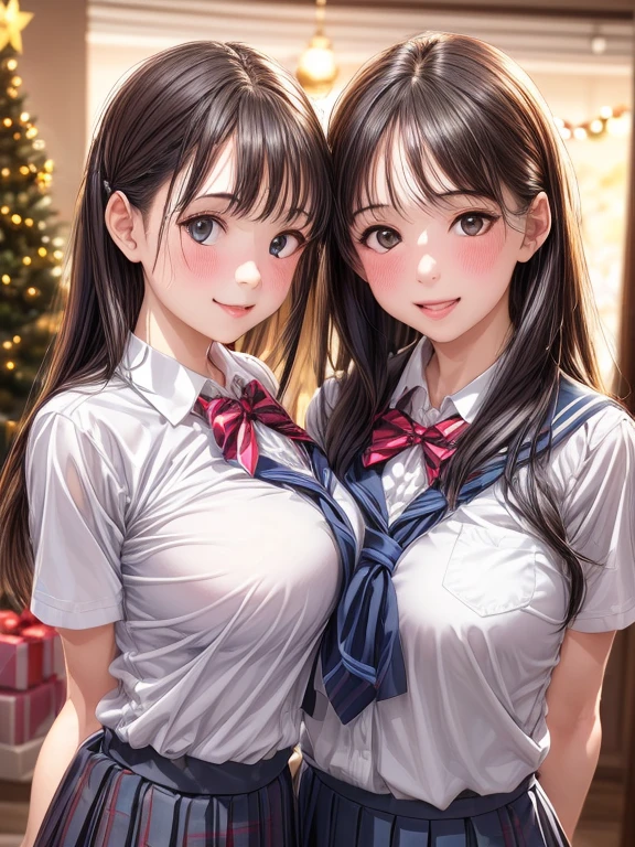 (2girls:1.4), Extremely cute, Amazing face and eyeeautiful lovely smile), (extremely detailed beautiful face), bright and shiny lips, (School uniform, Pleated skirt:1.3), (Best Quality:1.4), (hyper quality), (Ultra-detailed), (Hyper-realistic, Photorealsitic:1.37), Authentic skin texture, intricate-detail, extremely detailed CG unified 8k wallpaper, RAW Photos, professional photograpy, Cinematic lighting, Exposing, Christmas tree, Christmas Ornaments, Christmas Decorations, Christmas Lights, christmas lights,