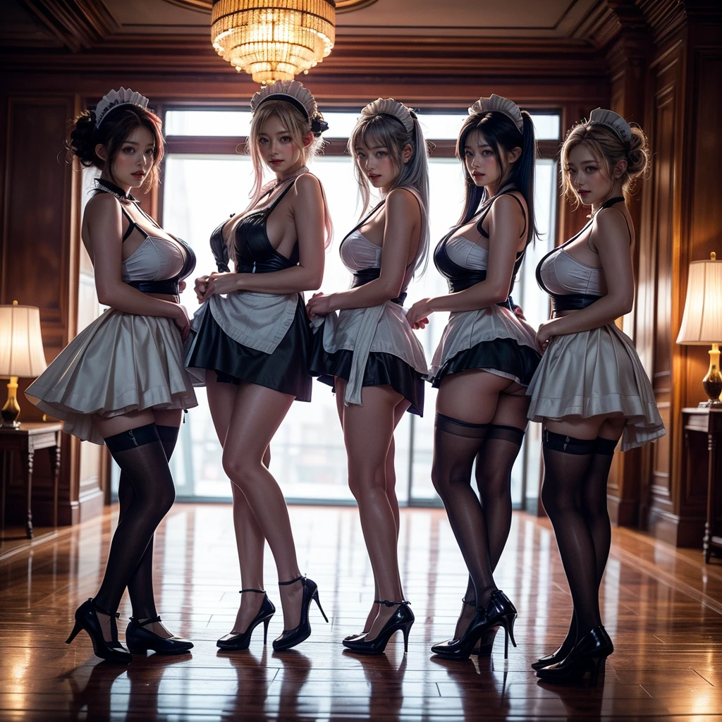 (Full Body of Extremely Detailed((Sexy Maid Group in a row:1.37))), KAWAII perfect face, Reflective Eyes, Detailed(Delicate Clothing textures), Correct Leg Line, Dynamic Joyful Expressions LifeLike Rendering, Specular Reflection, TopQuality 8K Ultra-detailed masterpiece (ProfessionalPhoto:1.37), (Acutance:0.8), (Luminism:1.28), (Renaissance art style), Colorful Light particles, ((Full body from side)), {MicroMini Skirt|Kissing|Breast Lifting|Undressing|Thigh Gap|AssFocus|(NakedApron with Overflowing SideBoob)}, Radiant Fine Skin with Transparency, (Exposed:0.4), (Different types of Anime hair color){Pink Hair|Blue Hair|Platinum Blonde|Pure White Hair|Liquid Hair}, Perfect Lighting 