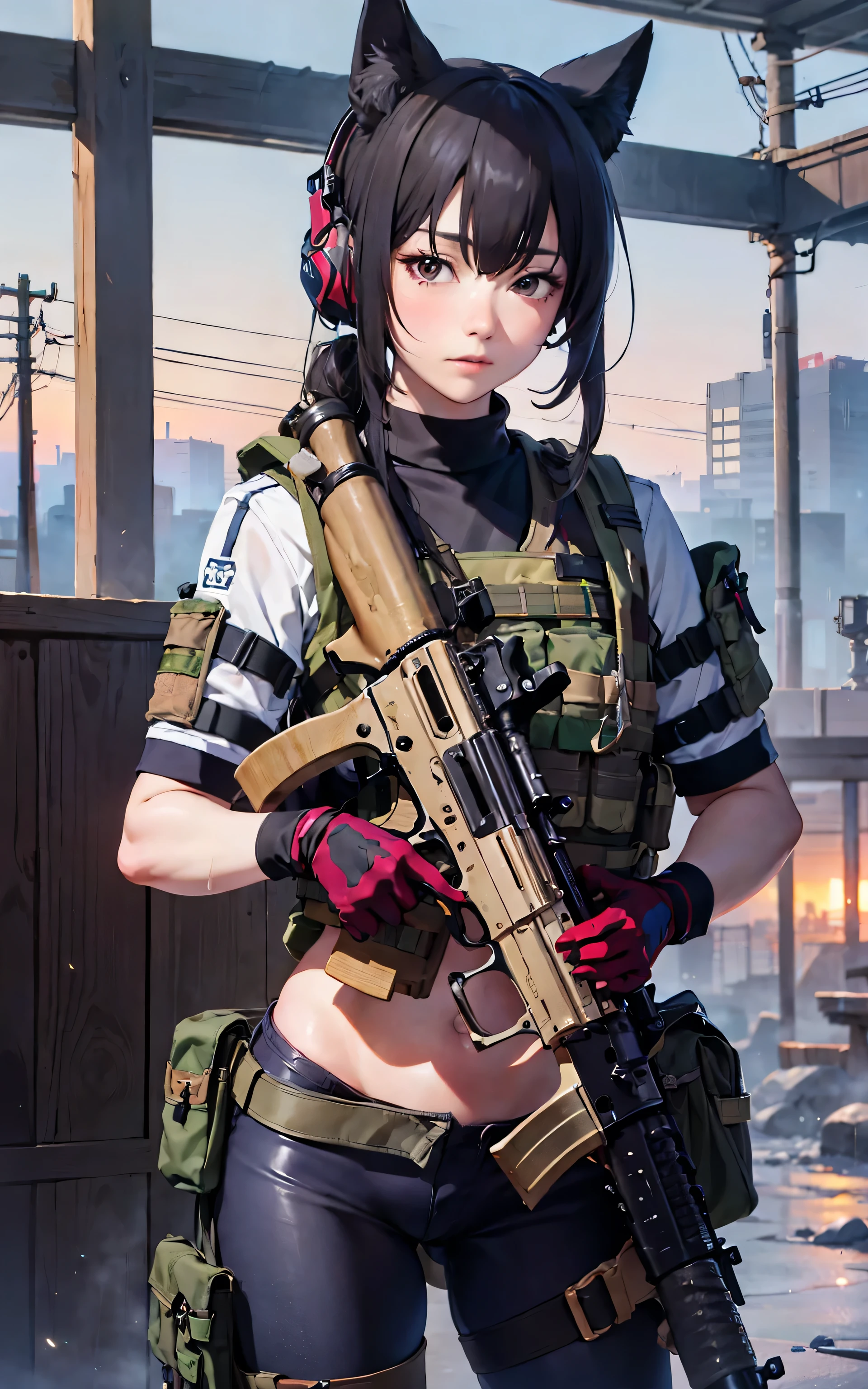 papel de parede CG Unity 8k altamente detalhado, of the highest quality, super verbose, work of art, realisitic,1 girl, extreme detailed face, ((Yukino Shichido)),
(tactical vest), Look to viewer,committed, cowboy shot, holding AK47,tummy, camouflage clothing, glove,fox ears,(ruin the background), chuva pesada,dawn time