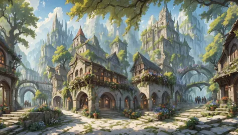 middle ages　 fantasy rpg landscape stone city landscape　 a lot of people　bard　bar