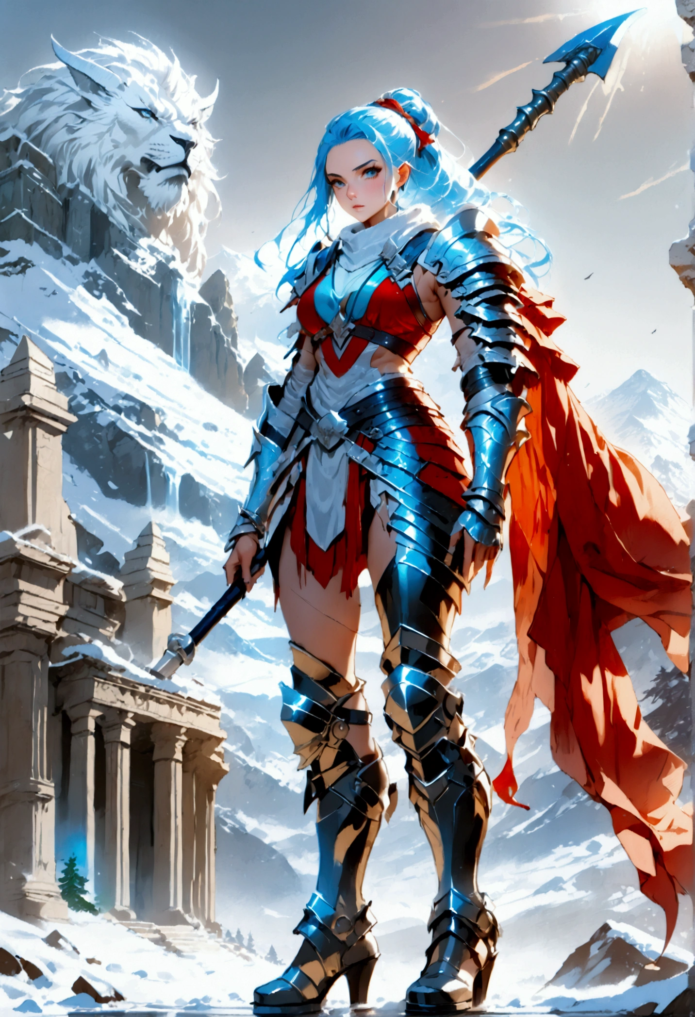 a fantasy art illustration of a female giant knight armed with a ((mighty battleaxe: 1.5)) standing at the temple gates built on snowy mountain, (((she is as tall as the mountain: 1.3))) a wild beautiful, exotic beautiful giant knight, ((anatomically correct: 1.5), (ultra detailed face: 1.2), best detailed face, dynamic hair color, dynamic hair style, armed with a giant axe, shiny axe, its blade reflects the sunlight, studded with gems, wearing metal armor, dynamic armor color, wearing high heeled boots, standing near a fantasy temple, magnificent temple, with a tower, on snowy mountain (((she is as tall as the mountain:1.3))), vibrant, Hyperrealism style, vibrant, Ultra-high resolution, High Contrast, (masterpiece:1.5), highest quality, Best aesthetics), best details, best quality, highres, ultra wide angle, 16k, [ultra detailed], masterpiece, best quality, (extremely detailed) RAW, rpg portrait battleaxe