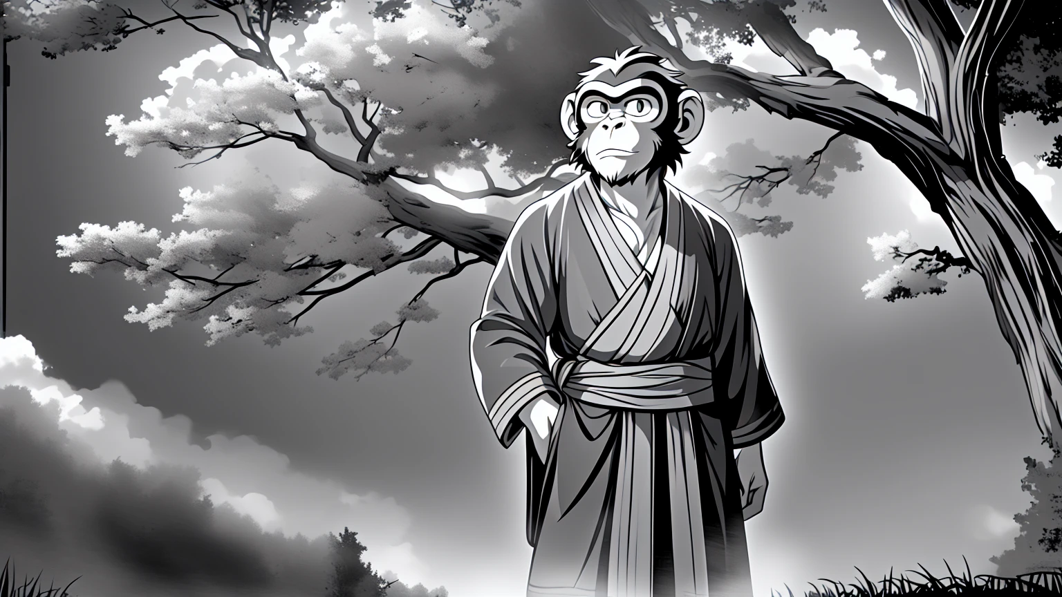 ((Masterpiece, high quality, best graphics, high definition, high definition, 4k)), old photo, vintage photo, 1 Monkey boy, (Solo), (((monkey ears, monkey tail))), ((full body)), Wooden Katana in right hand, old samurai suit, old samurai pants, (ribbon on waist), wooden sandals, looking away, standing, (((monochrome, grayscale, old movie style, noise, VHS movie, anime style))), (forest background, trees, tree shadow, grass), (((Saru to kani no Gassen anime 1917 style))).