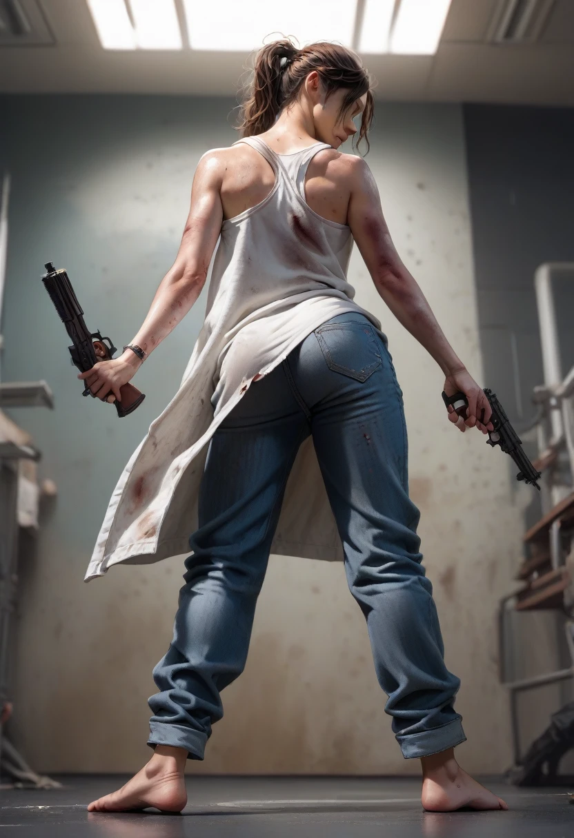 19 y.o., 1 girl, Claire Redfield, very small breast, detailing face, detailing body, big hips, small ass, brown hair, cute, detailing face, source_anime, large laboratory, white tank- top, oversized tank-top, black jeans, barefoot, dirty skin, wounds, bruises, fatigue, dirty hair, fatique on face, standing, medical coat, gun in hand, battle pose, back view