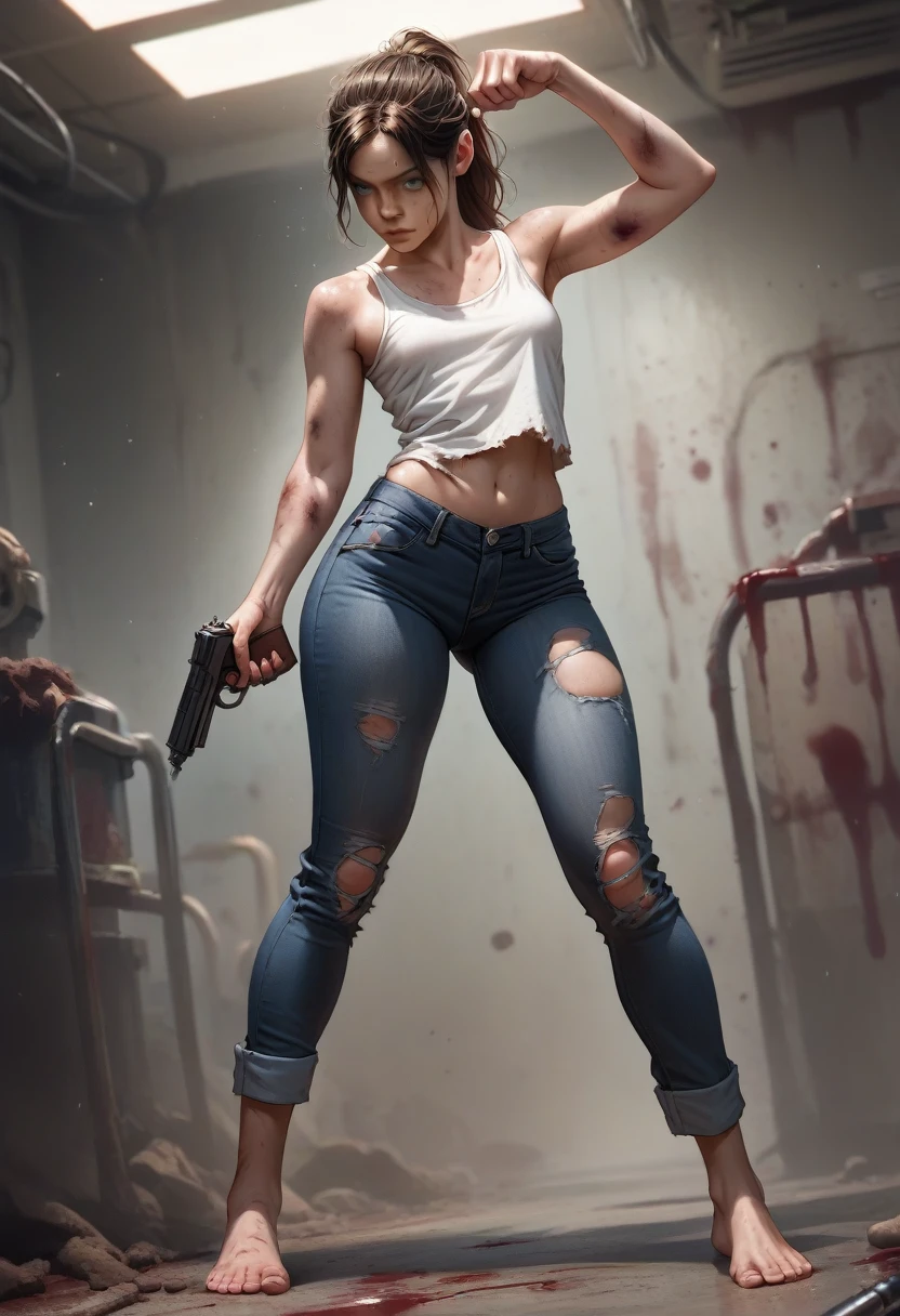 19 y.o., 1 girl, Claire Redfield, very small breast, detailing face, detailing body, big hips, small ass, brown hair, cute, detailing face, source_anime, large laboratory, white tank- top, oversized tank-top, black jeans, barefoot, dirty skin, wounds, bruises, fatigue, dirty hair, fatique on face, standing, torn closed, in blood, evil, gun in hand, battle pose