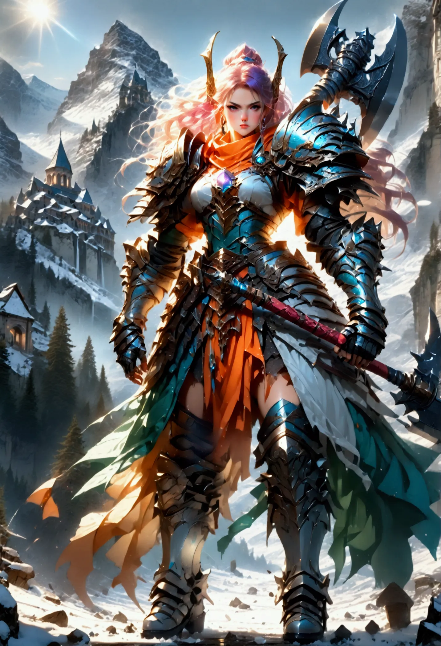 a fantasy art illustration of a female giant knight armed with a ((mighty battleaxe: 1.5)) standing at the temple gates built on...