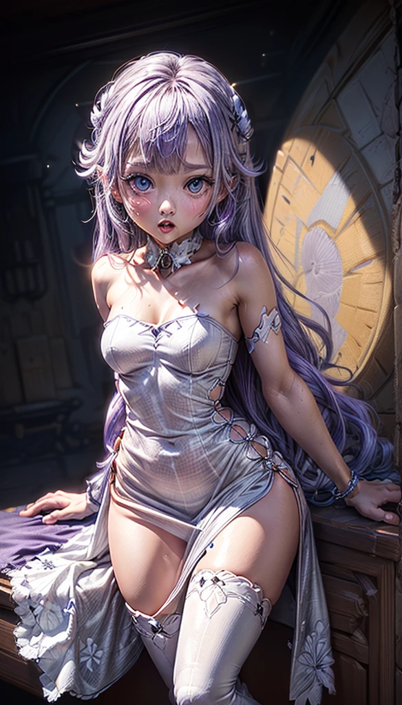 ((masterpiece)), (Best Quality), (ultra detailed), (intricate detail, perfect anatomy, finely detailed, bloom, illustration, epic lighting, cinematographic composition:1.4), (unicorn_azur_lane:1.4), unicorn_(azur_lane), (beautiful and detailed face:1.4), (cute and young loli:1.4), (loli, loliface, lolicon:1.4), (7 year old little girl:1.4), large breasts, (slim legs, long legs, delicate legs:1.4), (petite, petite_body:1.4), naughty face, seductive smile, (ligth purple hair, light purple eyes, long hair:1.3), (white strapless dress, white thighhighs, long dress:1.4), standing position,