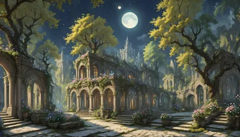 middle ages　 fantasy rpg landscape stone city landscape, no humans, no peoples, bar d, many bars,rococo style, night, moon