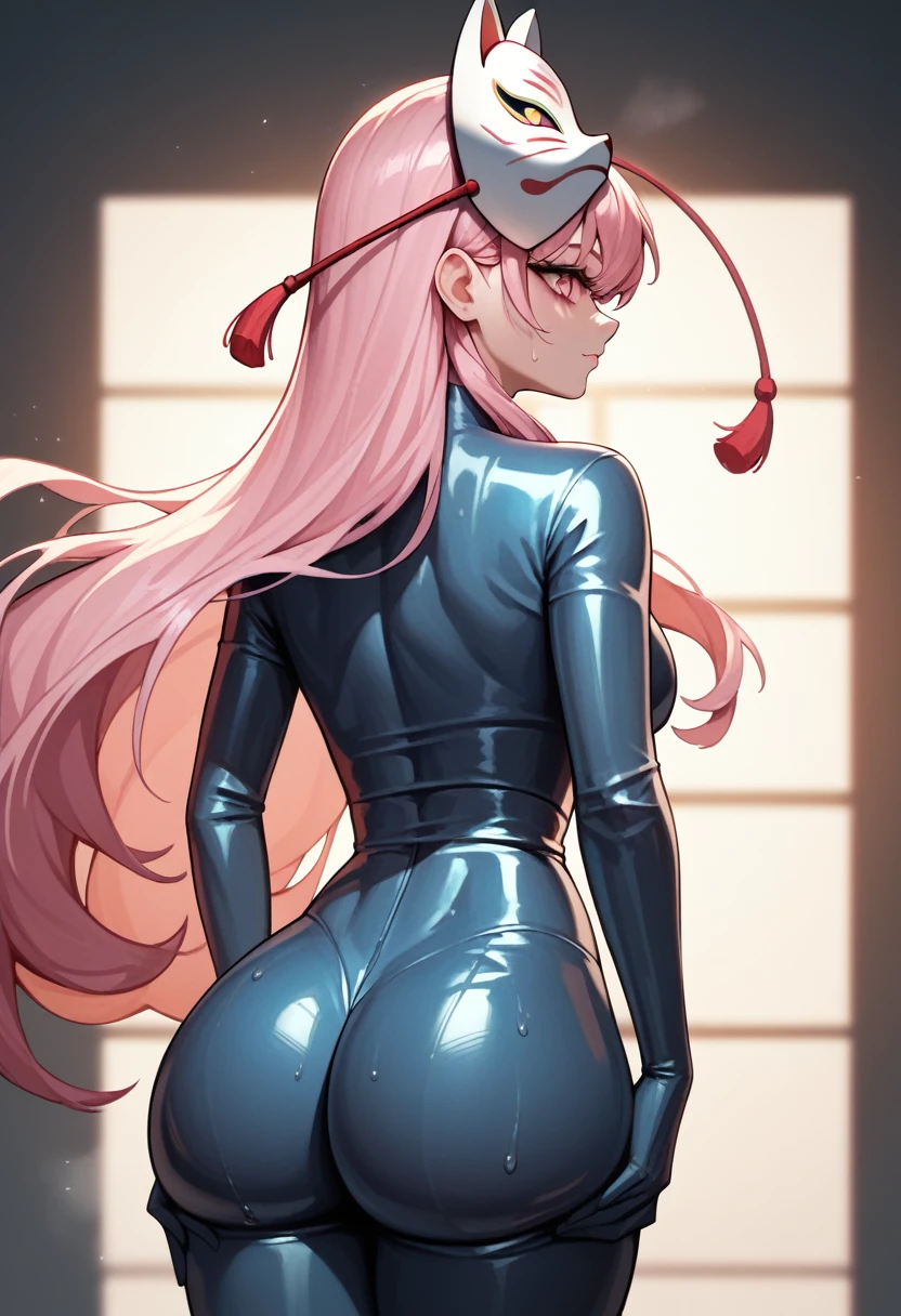 (masterpiece, Highest quality, Ultra-high resolution), 1girl, Hata no Kokoro, fox mask, Pink hair, long hair, pink eyes, mask on head, (dark blue latex bodysuit), The clothes fit perfectly, pink bowtie, latex has a strong metallic sheen, Glossiness, shiny, whole body slimy, Sweat, Stuffy, steamy, Glossiness, shiny, cute face, anime face, backlight, huge butt, ass, from behind, focus on ass