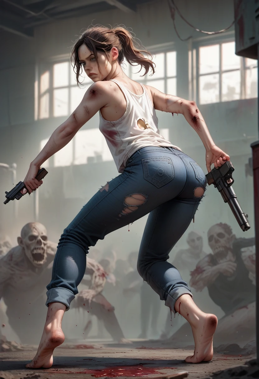 19 y.o., 1 girl, Claire Redfield, very small breast, detailing face, detailing body, big hips, small ass, brown hair, cute, detailing face, source_anime, large laboratory, white tank- top, oversized tank-top, black jeans, barefoot, dirty skin, wounds, bruises, fatigue, dirty hair, fatique on face, standing, torn closed, in blood, evil, gun in hand, battle pose, battle with zombie, claire vs zombie