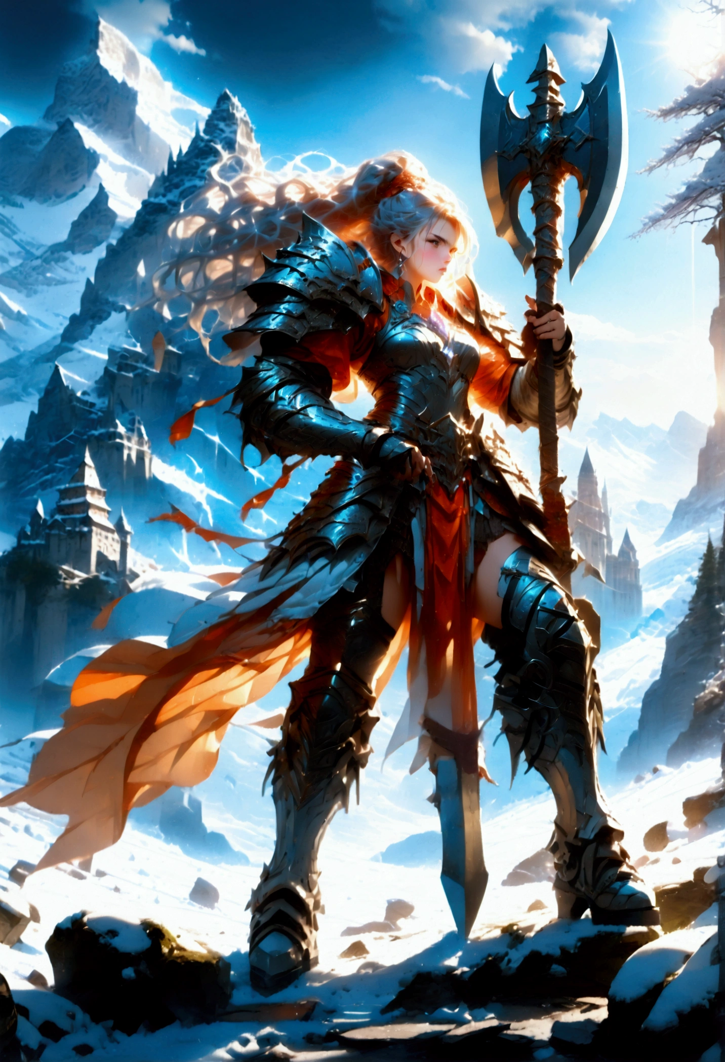 a fantasy art illustration of a female giant knight armed with a ((mighty battleaxe: 1.5)) standing at the temple gates built on snowy mountain, (((she is as tall as the mountain: 1.3))) a wild beautiful, exotic beautiful giant knight, ((anatomically correct: 1.5), (ultra detailed face: 1.2), best detailed face, dynamic hair color, dynamic hair style, armed with a giant axe, shiny axe, its blade reflects the sunlight, studded with gems, wearing metal armor, dynamic armor color, wearing high heeled boots, standing near a fantasy temple, magnificent temple, with a tower, on snowy mountain (((she is as tall as the mountain:1.3))), vibrant, Hyperrealism style, vibrant, Ultra-high resolution, High Contrast, (masterpiece:1.5), highest quality, Best aesthetics), best details, best quality, highres, ultra wide angle, 16k, [ultra detailed], masterpiece, best quality, (extremely detailed) RAW, rpg portrait battleaxe