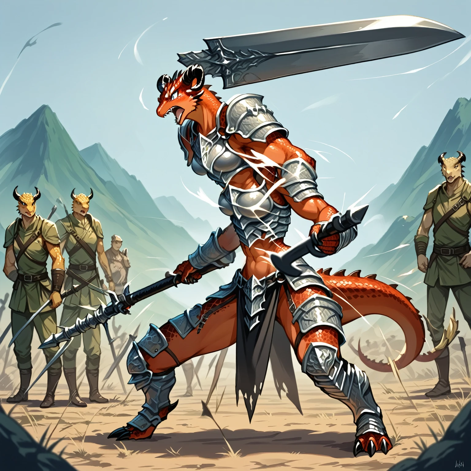 score_9,score_8_up,score_7_up, source_anime, anthro, kemono style, aegis, all red scalie girl, tall and toned body, white eyes, black ram horns, tail, wearing barbarians armor, holding a giant greatsword with one hand, on a battlefield, surrounded by scared soldiers, screaming and yelling, angry, outdoors, 