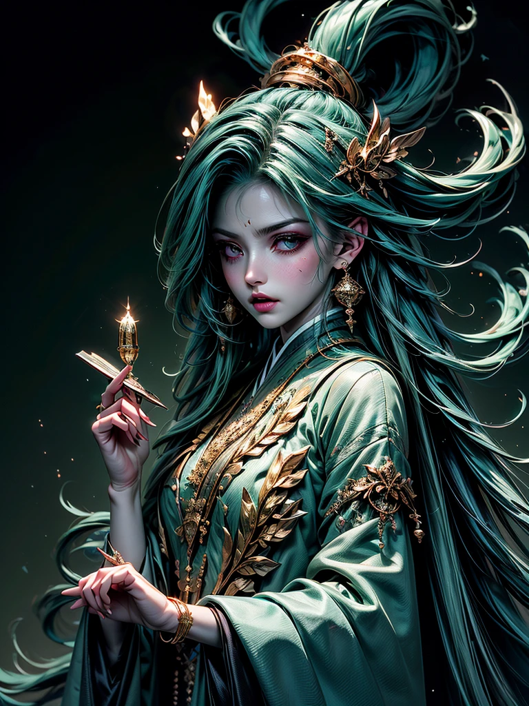 Anime Witch,Hair Color Azure,Eye Color Dark Green,The scale of the painting is breathtaking,Casts a Spell and Everything Rises with Gusts of Wind,Charming with a Beautiful Figure,hands up,Spell Book Glows Golden Color,High Definition Wallpapers 4k, Fantasy, fantasy, Details maximum, masterpiece, Clear Development of the Picture