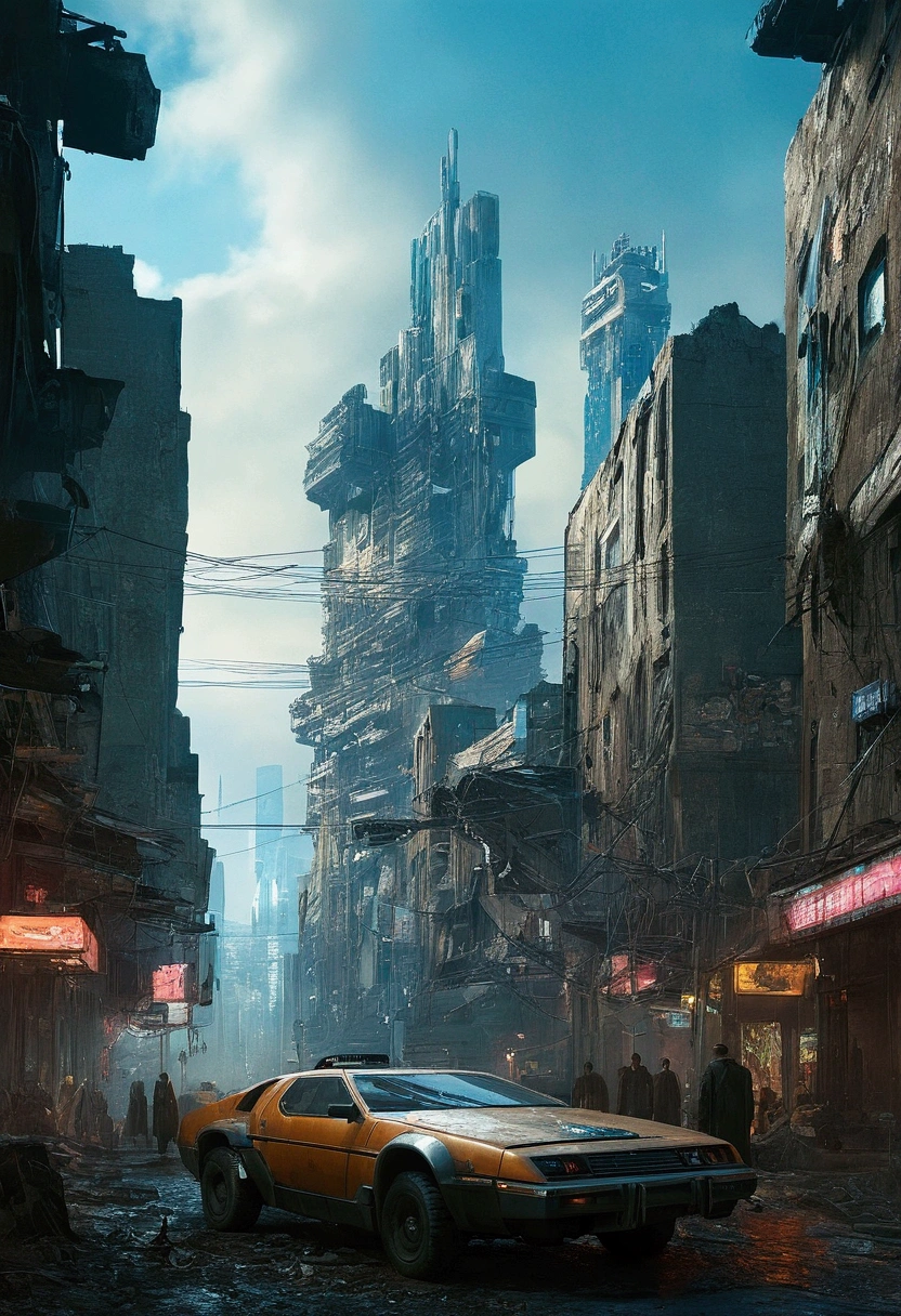 Maximum quality, urban landscape, sky line, futuristic city in ruins, outfit, surrealism, cyber punk, hyper realism, photo realism, Blade Runner, spinner vehicle, drones, exposed wiring, advertising, Holograms, metropolis.