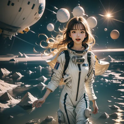 a girl in a spacesuit, floating in space, majestic planets in the background, full body shot, space station, planetary rings, wi...