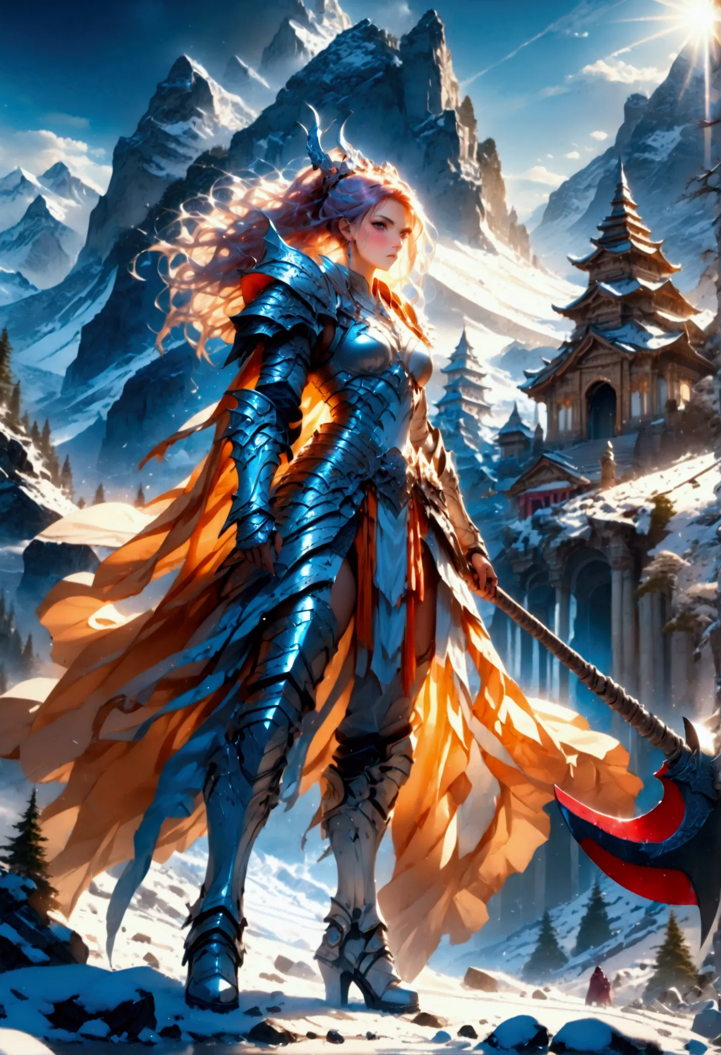 a fantasy art illustration of a female giant knight armed with a ((mighty battleaxe: 1.5)) standing at the temple gates built on...