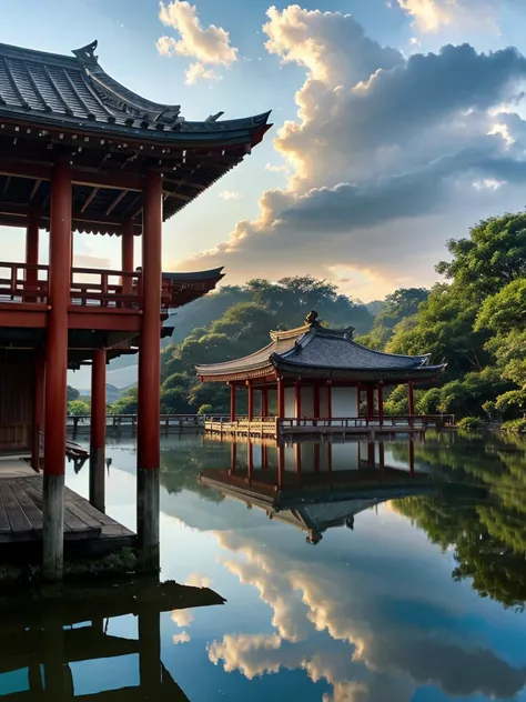 software, one person, focus only, throw, very wide shot, landscape, east asian architecture, sunlight, sunrise, floating, cloud,...