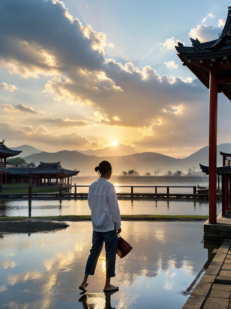 software, One person, Focus Only, throw, Very wide shot, landscape, East Asian architecture, sunlight, sunrise, floating, cloud, null, rain, water, whole body, Outdoor, scenery, Depth of written boundary