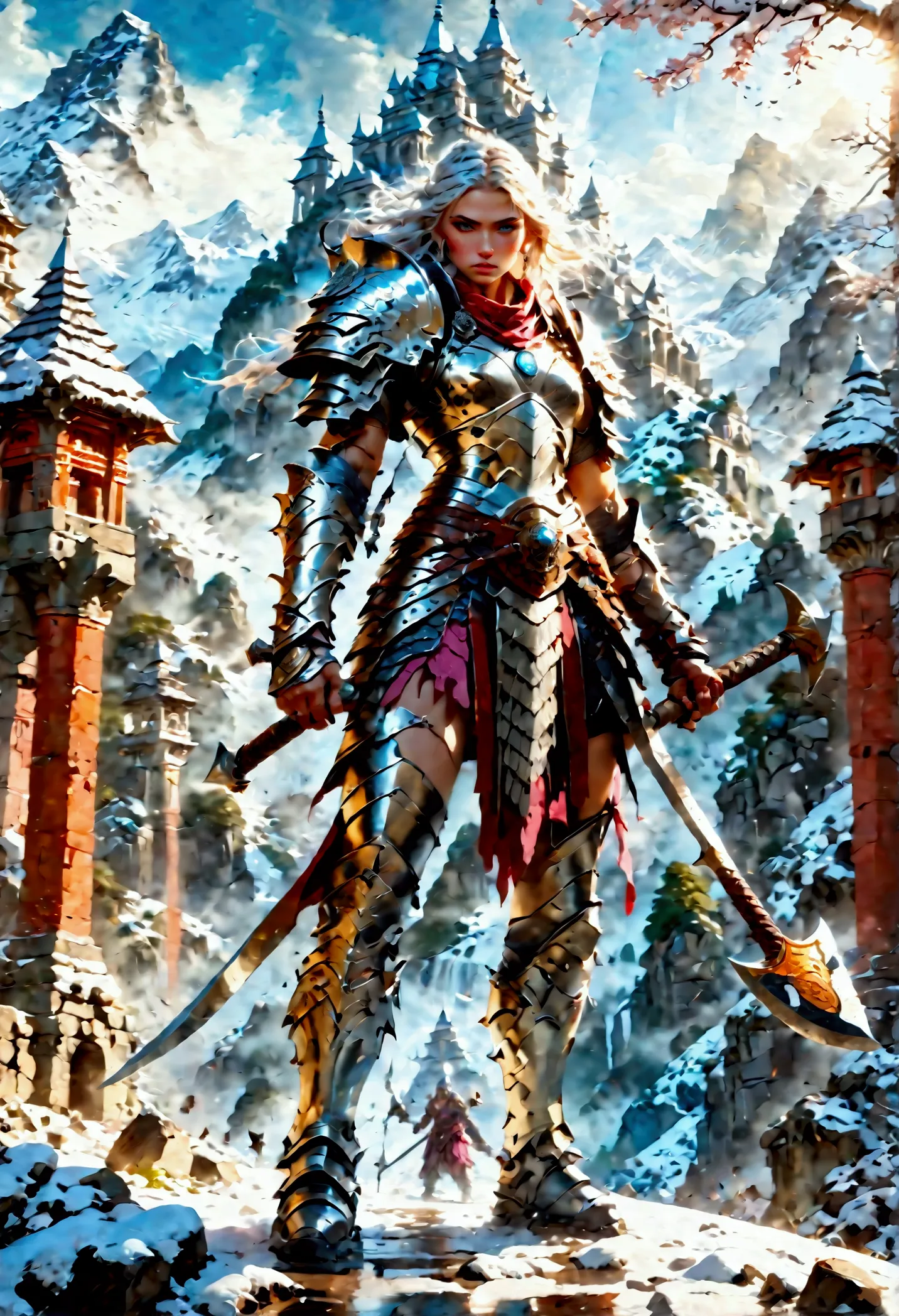 a fantasy art illustration of a female giant knight armed with a ((mighty battleaxe: 1.5)) standing at the temple gates built on...