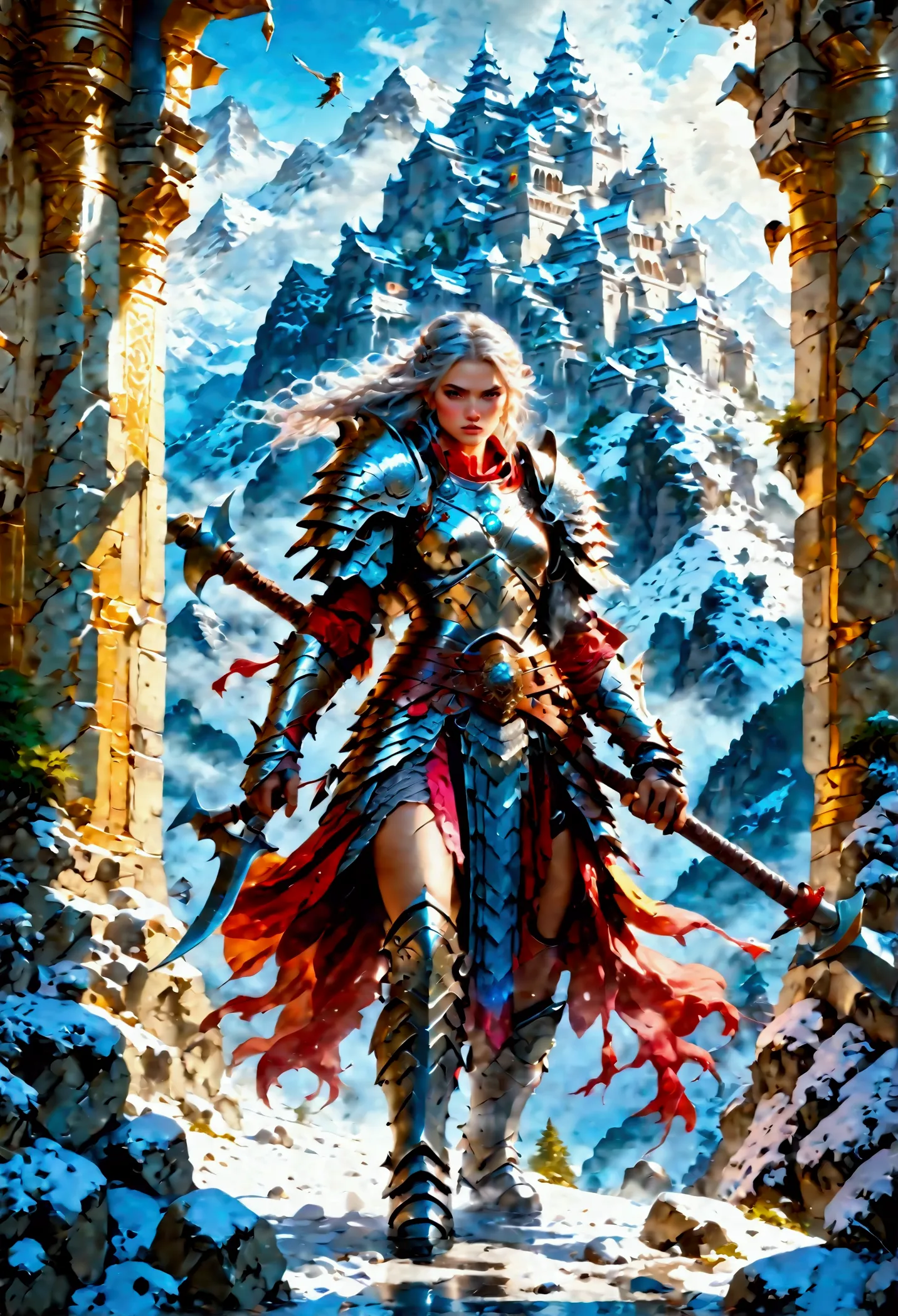 a fantasy art illustration of a female giant knight armed with a ((mighty battleaxe: 1.5)) standing at the temple gates built on...