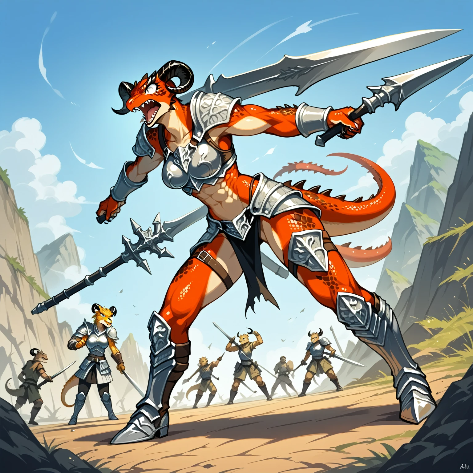 score_9,score_8_up,score_7_up, source_anime, anthro, kemono style, aegis, all red scalie girl, tall and toned body, white eyes, black ram horns, tail, wearing barbarians armor, holding a giant greatsword with one hand, on a battlefield, surrounded by scared soldiers, screaming and yelling, angry, outdoors, 