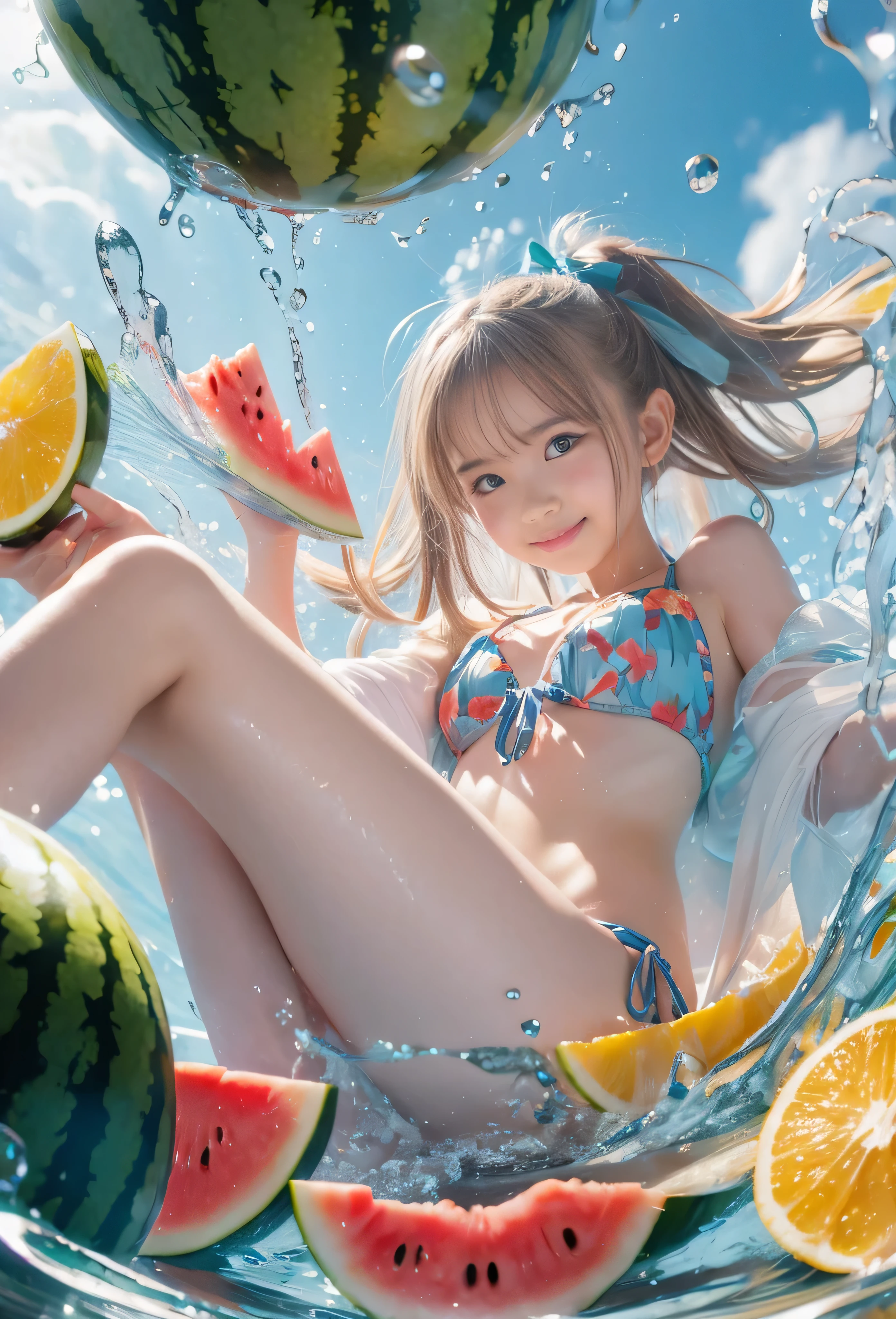 (((RAW quality:1.4))), Ultra-detailed CG quality, 8k、cute、15 years old、girl、detailed、Glass, Water in a Glass, Glassクリスタル, bubble, Right blue water, Nice, bright、Girl in Bikini、splash、watermelon、orange、grape、fruit、