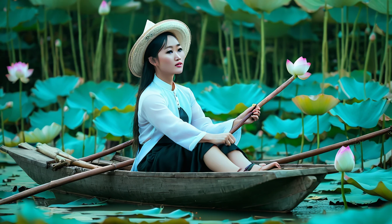 Realistic image, taken with Cannon E900, Mid-shot, a Northern Vietnamese girl in traditional Ao Tu Than, wearing Yem Dao, wearing Quai Thao hat, rowing a rustic boat on a lotus pond,  mysterious but full of magic, shimmeringly beautiful, climbing blue roses, cinematic color, 16K, UHD, K-Pop Style, mystery atmosphere