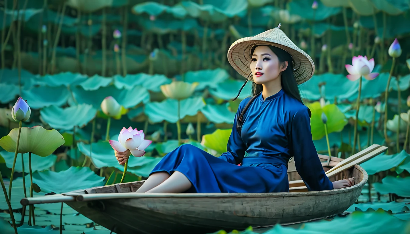 Realistic image, taken with Cannon E900, Mid-shot, a Northern Vietnamese girl in traditional Ao Tu Than, wearing Yem Dao, wearing Quai Thao hat, rowing a rustic boat on a lotus pond,  mysterious but full of magic, shimmeringly beautiful, climbing blue roses, cinematic color, 16K, UHD, K-Pop Style, mystery atmosphere