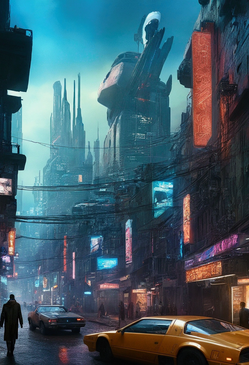 Maximum quality, urban landscape, sky line, futuristic city, outfit, surrealism, cyber punk, hyper realism, photo realism, Blade Runner, spinner vehicle, drones, exposed wiring, advertising, Holograms, metropolis.