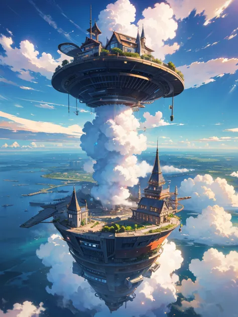 a huge city in the sky, a town above the clouds, floating school city, you can see the horizon, there&#39;s a city below,１people...