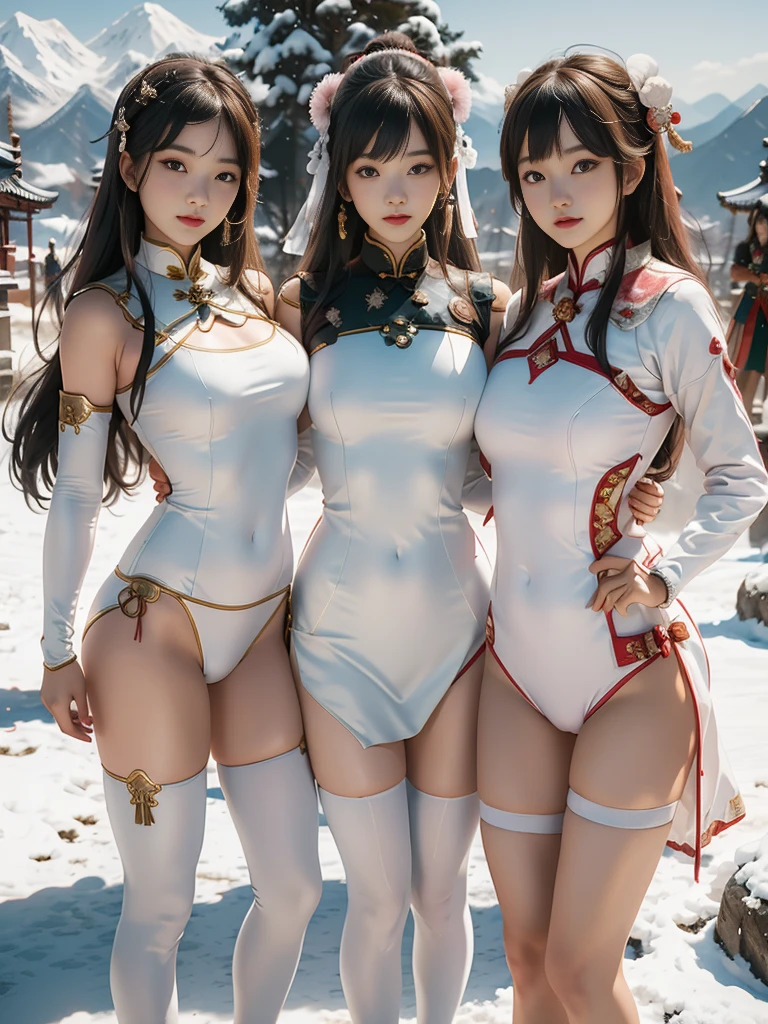 (Sketches), (number), Full body picture，Four girls posing side by side in dynamic poses, Note their white shaved legs, (中国皇族armor), (日本皇族armor), (日本皇族armor), (Empire Pension), (armor), , afternoon, Behind you are snow-capped mountains. Raw