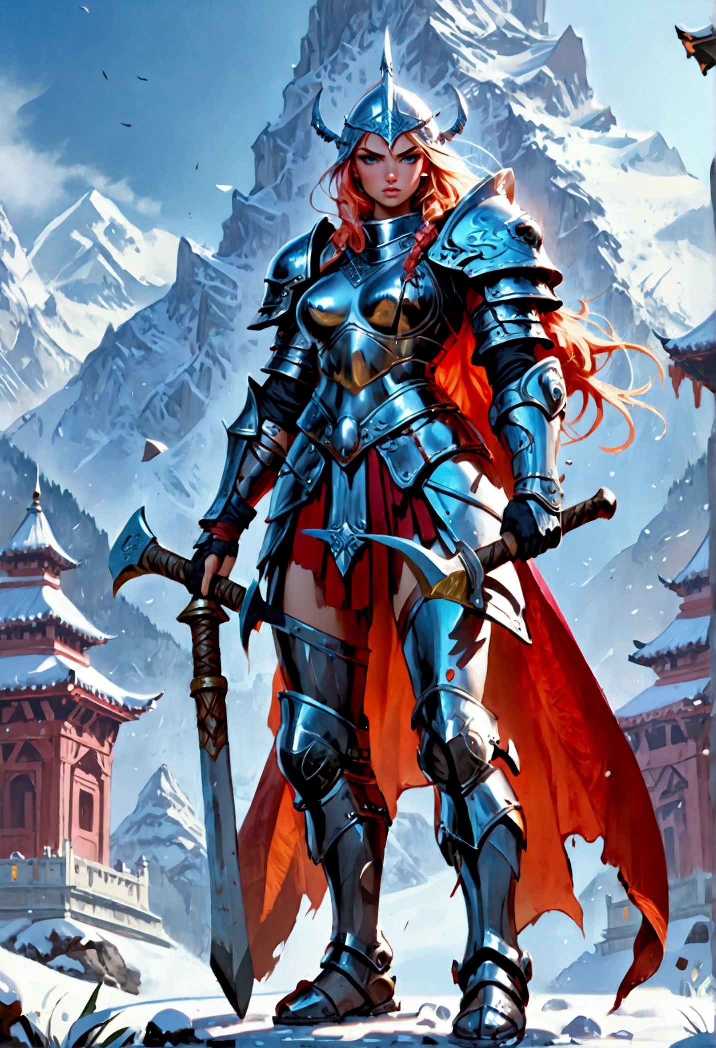 aa fantasy art illustration of a female giant knight armed with a ((mighty battleaxe: 1.5)) standing at the temple gates built on snowy mountain, (((she is as tall as the mountain: 1.3))) a wild beautiful, exotic beautiful giant knight, ((anatomically correct: 1.5), (ultra detailed face: 1.2), best detailed face, dynamic hair color, dynamic hair style, armed with a giant axe, shiny axe, its blade reflects the sunlight, studded with gems, wearing metal armor, dynamic armor color, wearing high heeled boots, standing near a fantasy temple, magnificent temple, with a tower, on snowy mountain (((she is as tall as the mountain:1.3))), vibrant, Hyperrealism style, vibrant, Ultra-high resolution, High Contrast, (masterpiece:1.5), highest quality, Best aesthetics), best details, best quality, highres, ultra wide angle, 16k, [ultra detailed], masterpiece, best quality, (extremely detailed) RAW, rpg portrait battleaxe Dark Art Painting Style