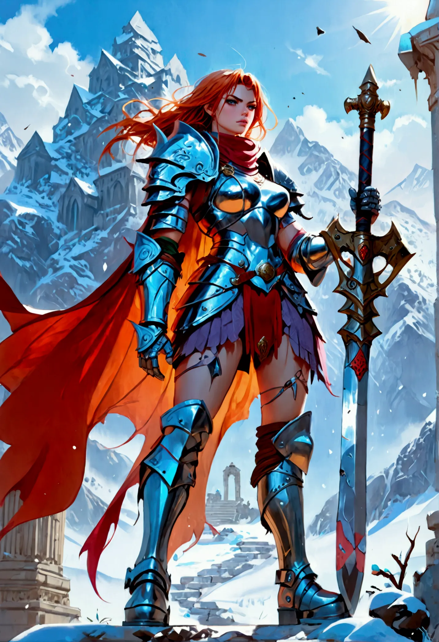 aa fantasy art illustration of a female giant knight armed with a ((mighty battleaxe: 1.5)) standing at the temple gates built o...