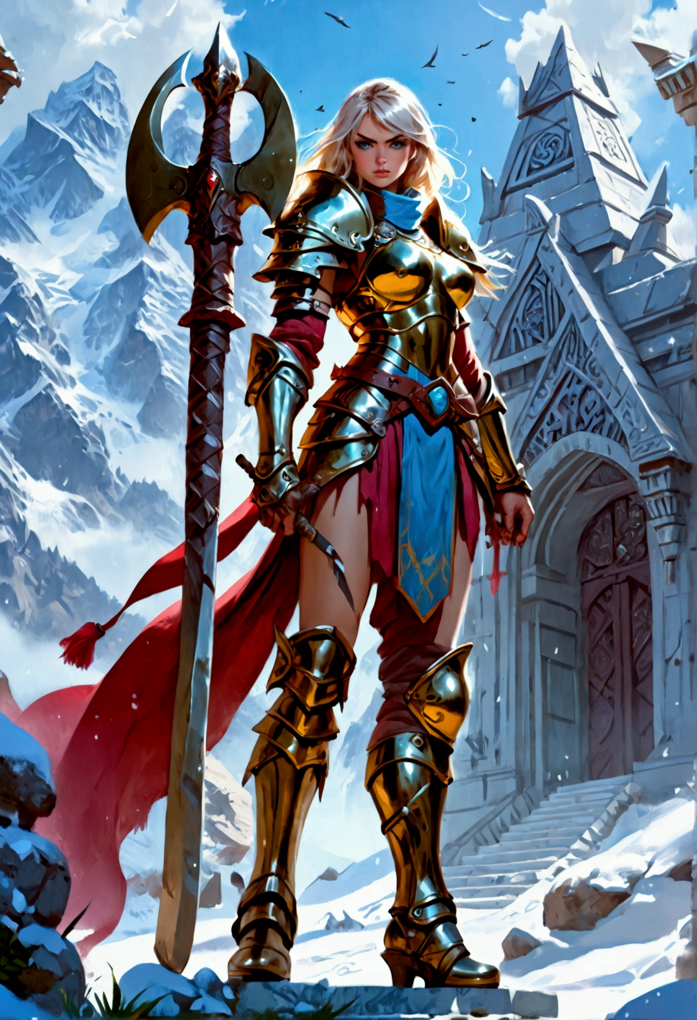 aa fantasy art illustration of a female giant knight armed with a ((mighty battleaxe: 1.5)) standing at the temple gates built on snowy mountain, (((she is as tall as the mountain: 1.3))) a wild beautiful, exotic beautiful giant knight, ((anatomically correct: 1.5), (ultra detailed face: 1.2), best detailed face, dynamic hair color, dynamic hair style, armed with a giant axe, shiny axe, its blade reflects the sunlight, studded with gems, wearing metal armor, dynamic armor color, wearing high heeled boots, standing near a fantasy temple, magnificent temple, with a tower, on snowy mountain (((she is as tall as the mountain:1.3))), vibrant, Hyperrealism style, vibrant, Ultra-high resolution, High Contrast, (masterpiece:1.5), highest quality, Best aesthetics), best details, best quality, highres, ultra wide angle, 16k, [ultra detailed], masterpiece, best quality, (extremely detailed) RAW, rpg portrait battleaxe Dark Art Painting Style