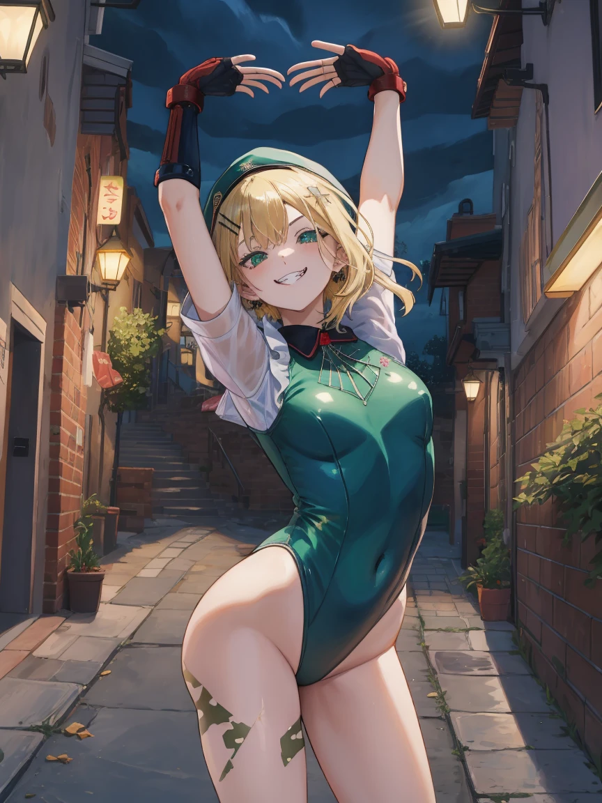 Portrait, official art, best masterpiece, best quality, best resolution, 8K, best detailed, perfect anatomy
break
cammy stretch \(meme\), stretching, arms up, From behind, buttocks
break
1girl, solo, kurumi noah, hairclip, hair ornament, bow, jewelry, medium breasts, (Short stature:1.3), cute, Green Eyes
break
blonde hair, beret, (red headwear:1.3), scar on cheek, green leotard, sleeveless, red gloves, fingerless gloves, camouflage
break
(lewd smile), grin
break
Back alley, downtown, (night, midnight, darkness:1.4), very fine and detailed 16KCG wallpapersrs