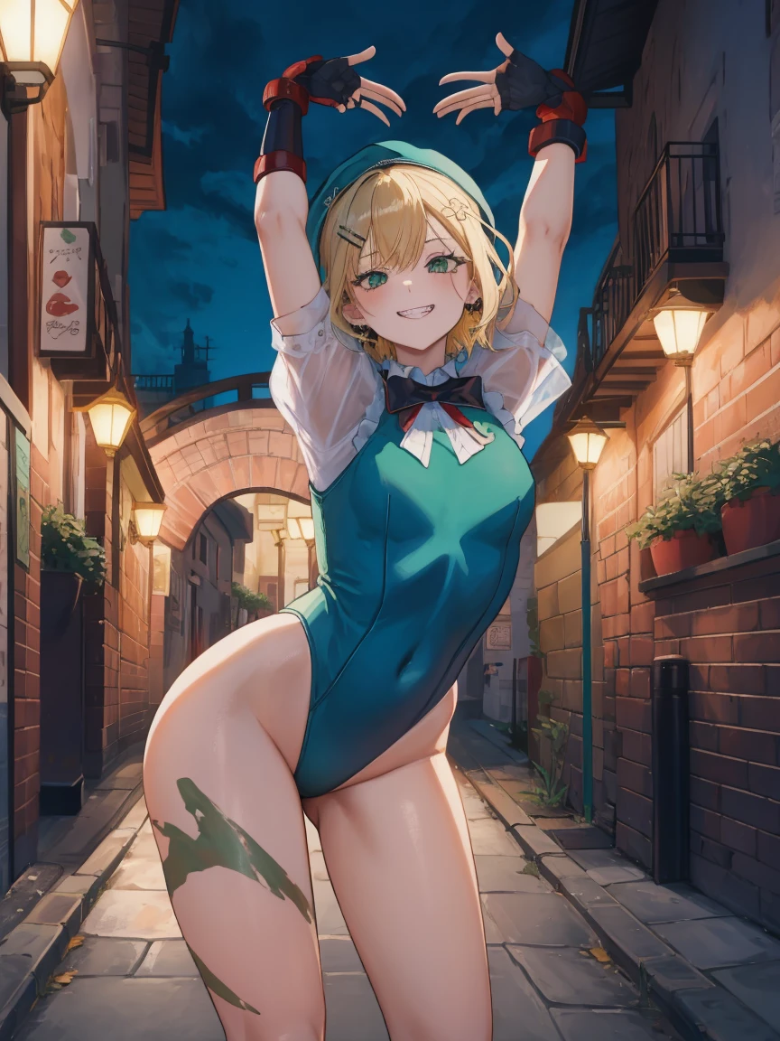 Portrait, official art, best masterpiece, best quality, best resolution, 8K, best detailed, perfect anatomy
break
cammy stretch \(meme\), stretching, arms up, From behind, buttocks
break
1girl, solo, kurumi noah, hairclip, hair ornament, bow, jewelry, medium breasts, (Short stature:1.3), cute, Green Eyes
break
blonde hair, beret, (red headwear:1.3), scar on cheek, green leotard, sleeveless, red gloves, fingerless gloves, camouflage
break
(lewd smile), grin
break
Back alley, downtown, (night, midnight, darkness:1.4), very fine and detailed 16KCG wallpapersrs