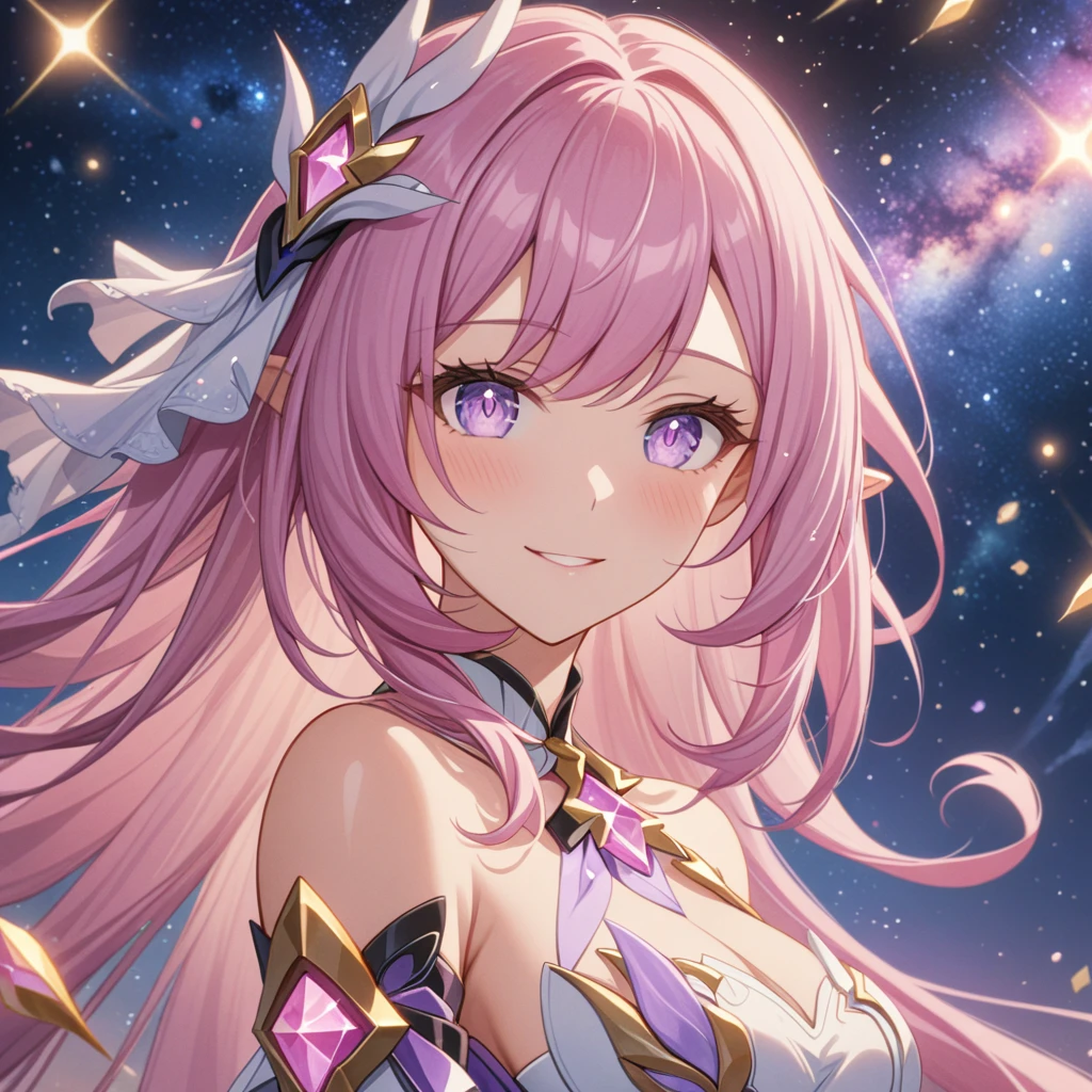 ai-generated,very aesthetic,1girl,elysia_/(herrscher_of_human:ego/)_/(honkai_impact/),pointed_ears,pink_hair,dreamy anime fantasy background,raytracing,light purple eyes,well-defined pink diamond pupils,floating,light particles,dsmile,breathtakingly gorgeous multicolored starry sky,gentle smile,celestial,cosmic tree in background,intricate,large breasts,goddess,vibrant rich hdr color,cel shading,(best quality,4k,8k,highres,masterpiece:1.2)