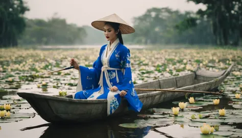 realistic image, taken with cannon e900, mid-shot, a northern vietnamese girl in traditional ao tu than, wearing yem dao, wearin...