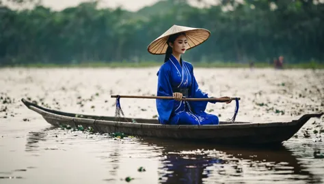 realistic image, taken with cannon e900, mid-shot, a northern vietnamese girl in traditional ao tu than, wearing yem dao, wearin...