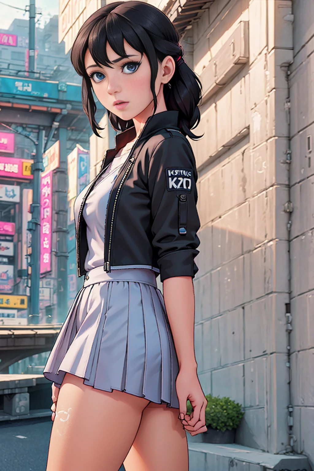 girl , blue eyes standing in front of a wall, cinematic realistic portrait,black hair, 8k portrait render, realistic face moody lighting, cyberpunk art ultrarealistic 8k, hyper-realistic cyberpunk style, soft portrait shot 8 k, 8 k realistic digital art, cyberpunk style ， hyperrealistic, realistic digital art 4k, realistic digital art 4 k