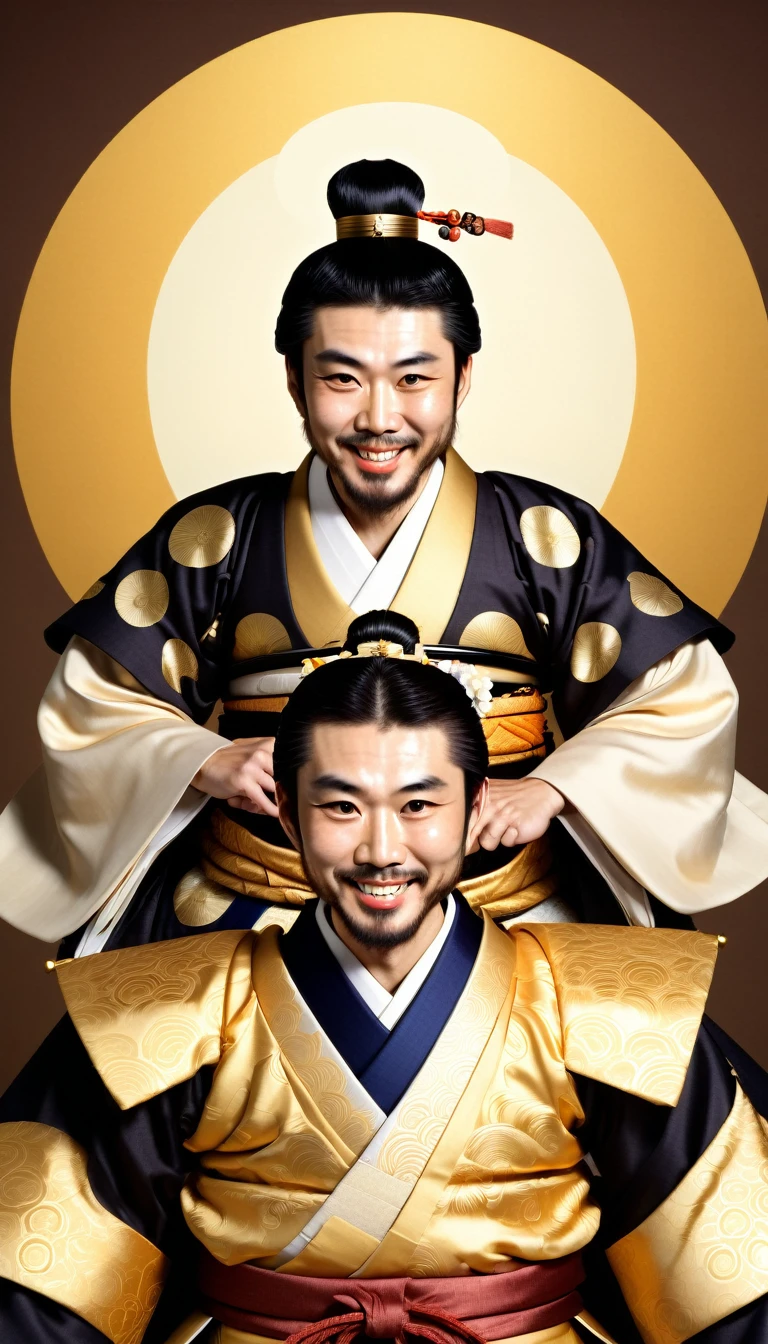 Toyotomi Hideyoshi, depicted with an exaggerated, victorious smile, his eyes gleaming with pride and triumph. His face radiates joy, as if basking in the glory of his achievements. The background is a glowing, golden aura, amplifying his sense of greatness."