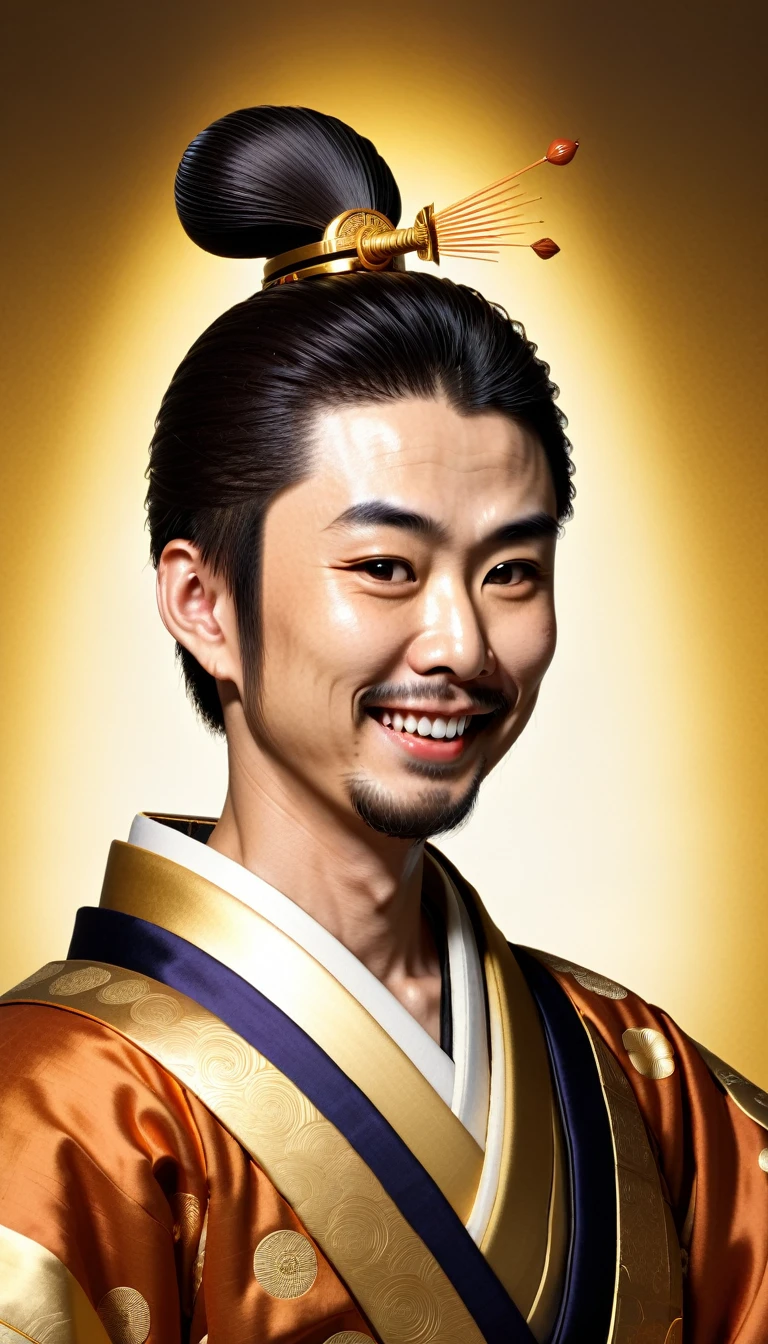 Toyotomi Hideyoshi, depicted with an exaggerated, victorious smile, his eyes gleaming with pride and triumph. His face radiates joy, as if basking in the glory of his achievements. The background is a glowing, golden aura, amplifying his sense of greatness."