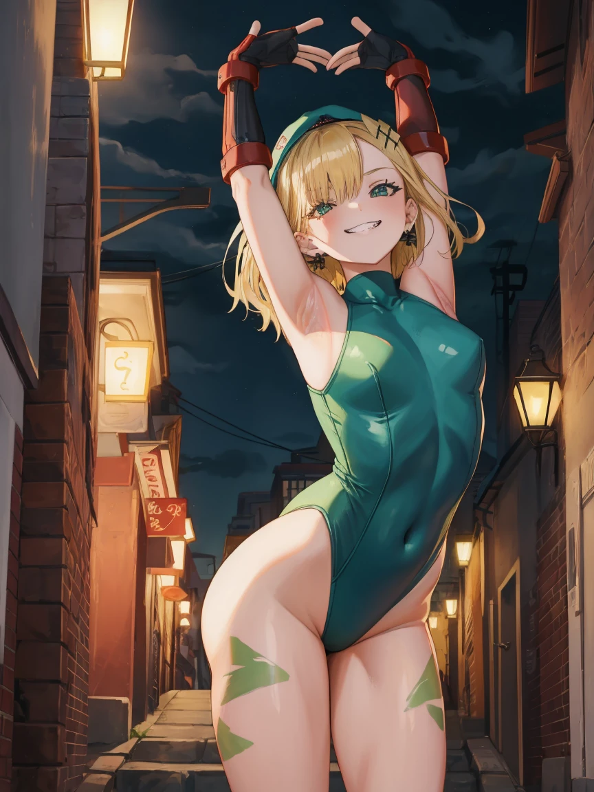 Portrait, official art, best masterpiece, best quality, best resolution, 8K, best detailed, perfect anatomy
break
cammy stretch \(meme\), stretching, arms up, From behind, buttocks, turn around
break
1girl, solo, kurumi noah, hairclip, hair ornament, bow, jewelry, medium breasts, (Short stature:1.3), cute, Green Eyes
break
blonde hair, beret, (red headwear:1.3), scar on cheek, green leotard, sleeveless, red gloves, fingerless gloves, camouflage
break
(lewd smile), grin
break
Back alley, downtown, (night, midnight, darkness:1.4), very fine and detailed 16KCG wallpapersrs