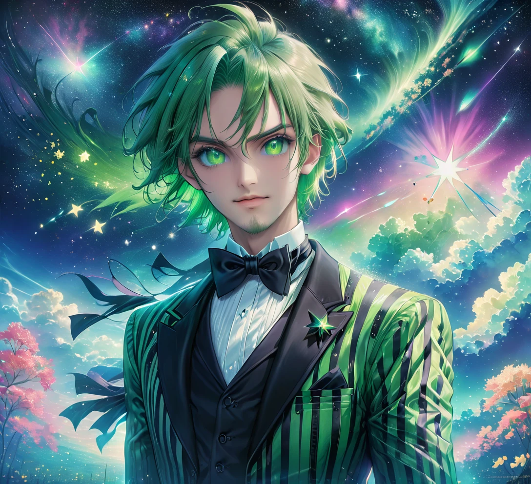 meitu, beetlejuice, anime, manga style, alex brightman starring as beetlejuice,1boy, aurora, black bow, black bowtie, bow, bowtie, facial hair, formal, green eyes, green hair, male focus, night, night sky, realistic, shooting star, sky, solo, space, sparkle, star (sky), starry sky, suit, tuxedo, wlop, guweiz, meitu