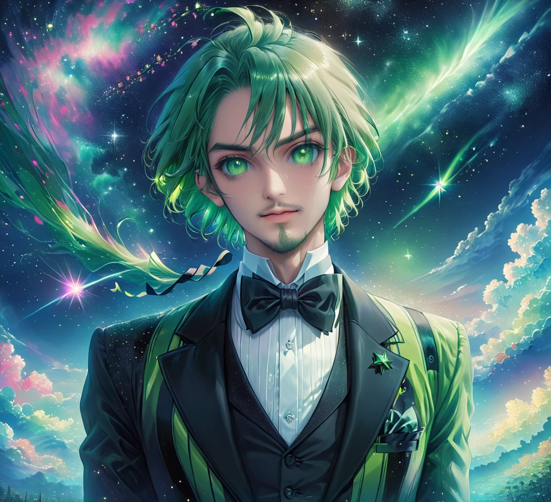 meitu, beetlejuice, anime, manga style, alex brightman starring as beetlejuice,1boy, aurora, black bow, black bowtie, bow, bowtie, facial hair, formal, green eyes, green hair, male focus, night, night sky, realistic, shooting star, sky, solo, space, sparkle, star (sky), starry sky, suit, tuxedo, wlop, guweiz, meitu