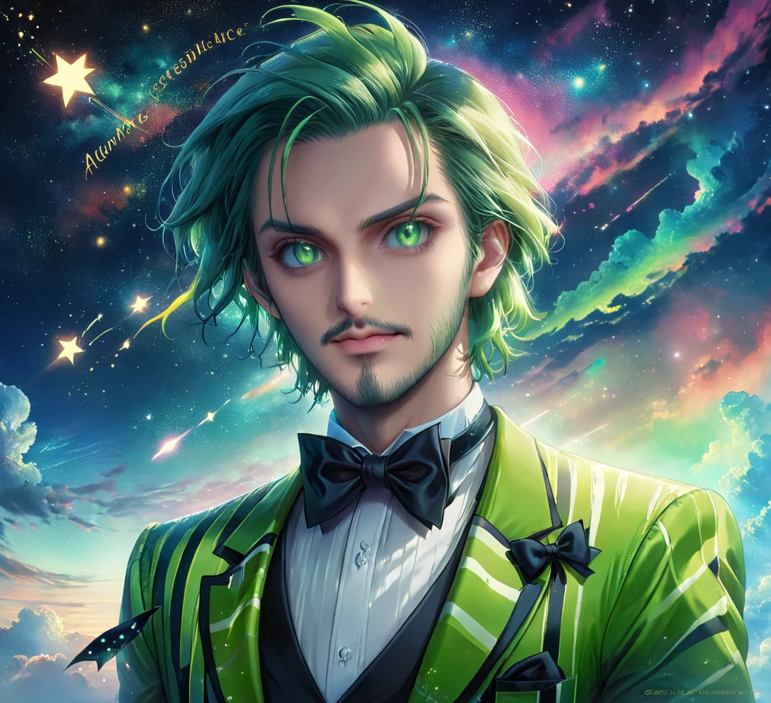 meitu, beetlejuice, anime, manga style, alex brightman starring as beetlejuice,1boy, aurora, black bow, black bowtie, bow, bowtie, facial hair, formal, green sharp eyes, green hair, male focus, night, night sky, realistic, shooting star, sky, solo, space, sparkle, star (sky), starry sky, suit, tuxedo, wlop, guweiz, meitu, (looking at the sky)