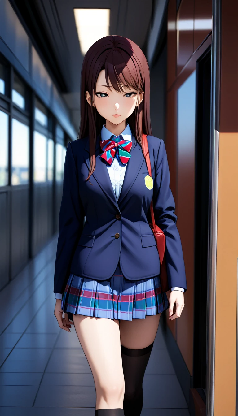 masterpiece, best quality, highres,(((pixel-perfect, detail-perfect))), solo, 1girl, kanon shibuya,1girl, long hair, 1girl, solo, otonokizaka school winter uniform,blue blazer,buttoned blazer, red striped bow tie, blue striped pleated skirt,thigh ,from front, on school commute,walking ,smile,arms behind 