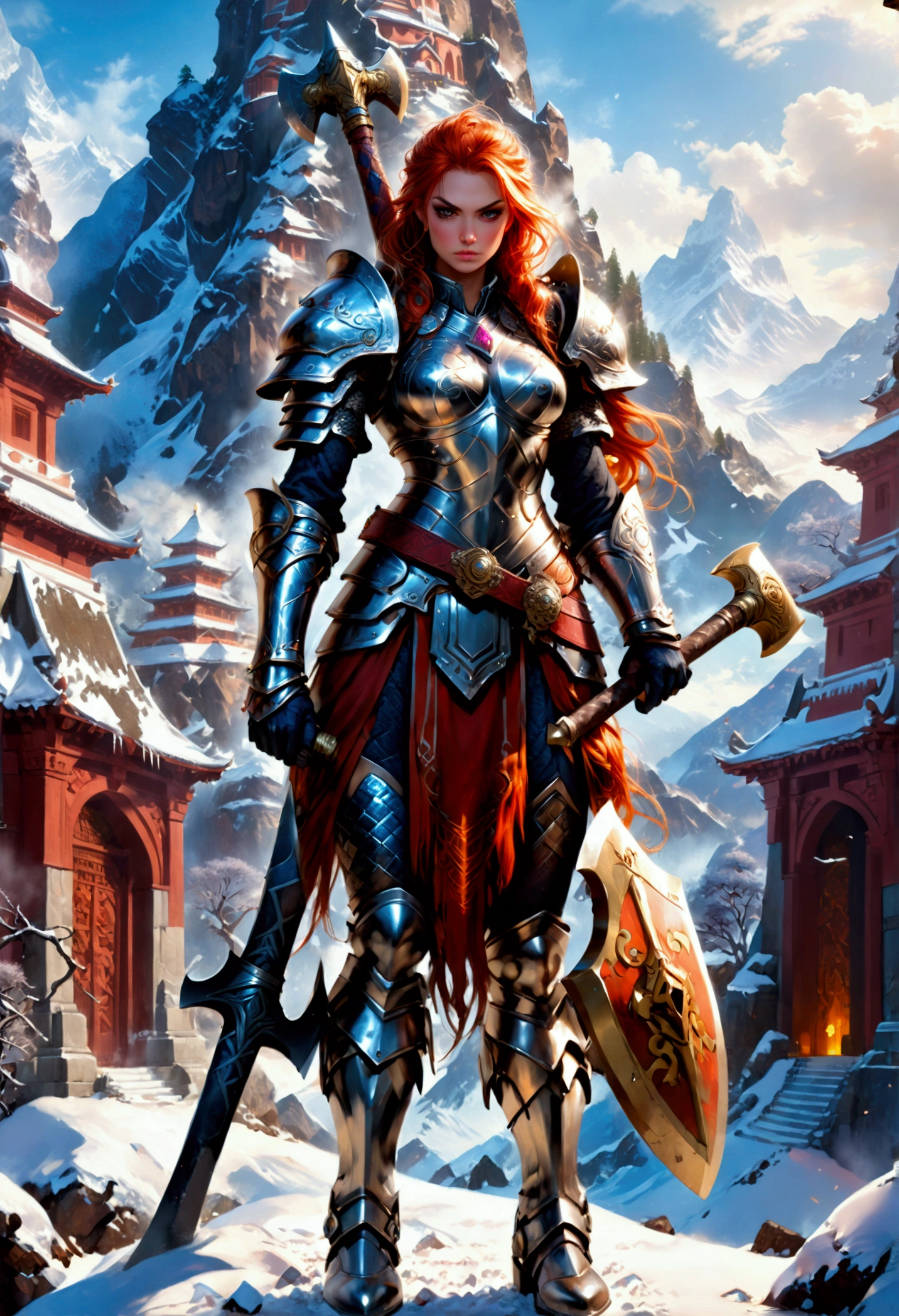 aa fantasy art illustration of a female giant knight armed with a ((mighty battleaxe: 1.5)) standing at the temple gates built on snowy mountain, (((she is as tall as the mountain: 1.3))) a wild beautiful, exotic beautiful giant knight, ((anatomically correct: 1.5), (ultra detailed face: 1.2), best detailed face, dynamic hair color, dynamic hair style, armed with a giant axe, shiny axe, its blade reflects the sunlight, studded with gems, wearing metal armor, dynamic armor color, wearing high heeled boots, standing near a fantasy temple, magnificent temple, with a tower, on snowy mountain (((she is as tall as the mountain:1.3))), vibrant, Hyperrealism style, vibrant, Ultra-high resolution, High Contrast, (masterpiece:1.5), highest quality, Best aesthetics), best details, best quality, highres, ultra wide angle, 16k, [ultra detailed], masterpiece, best quality, (extremely detailed) RAW, rpg portrait battleaxe Dark Art Painting Style